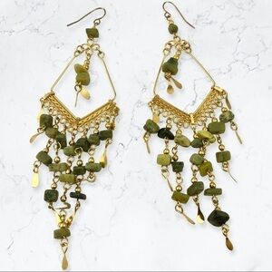 GOLD Tone Green Beaded Stones Chandelier Nuggets Drops Earrings
